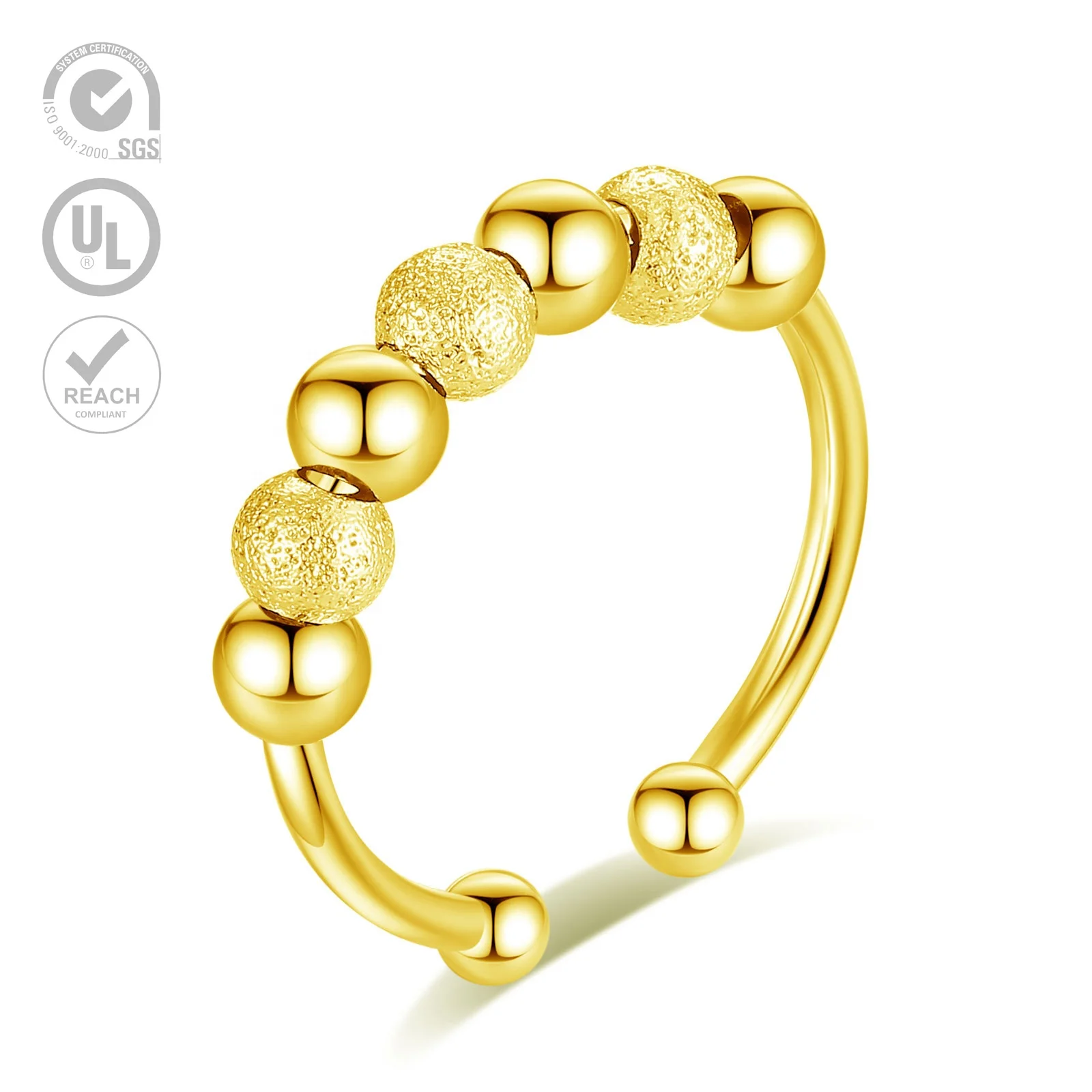 Adjustable Size Gold Plated Jewelry Spining Frosted Beaded Anti-anxiety Fidget Jewellery Rings for Womans