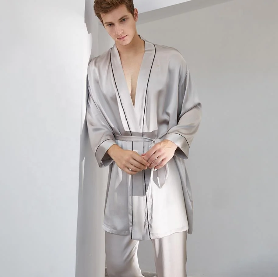 Wholesale Silky Luxury 100% Pure Mulberry Silk Mens Pajamas Lightweight Robe Long Pants Set