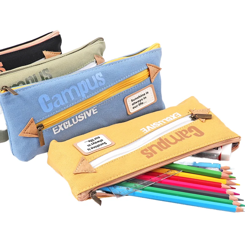 Foska Good Quality Canvas Material Office School Stationery Pencil Bag Waterproof Pencil Case for Kids Students