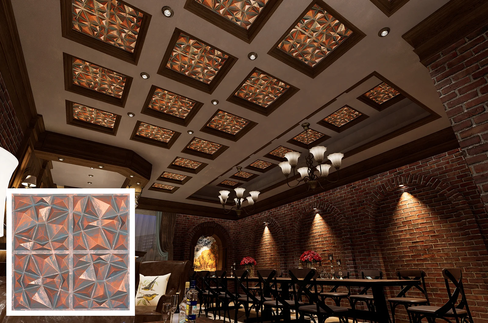 3D Embossed Wall Panels Ancient Suspended Ceiling Tiles Modern designs for Cafe Club Salon PLM101 Rustic copper PAINTSDECOR