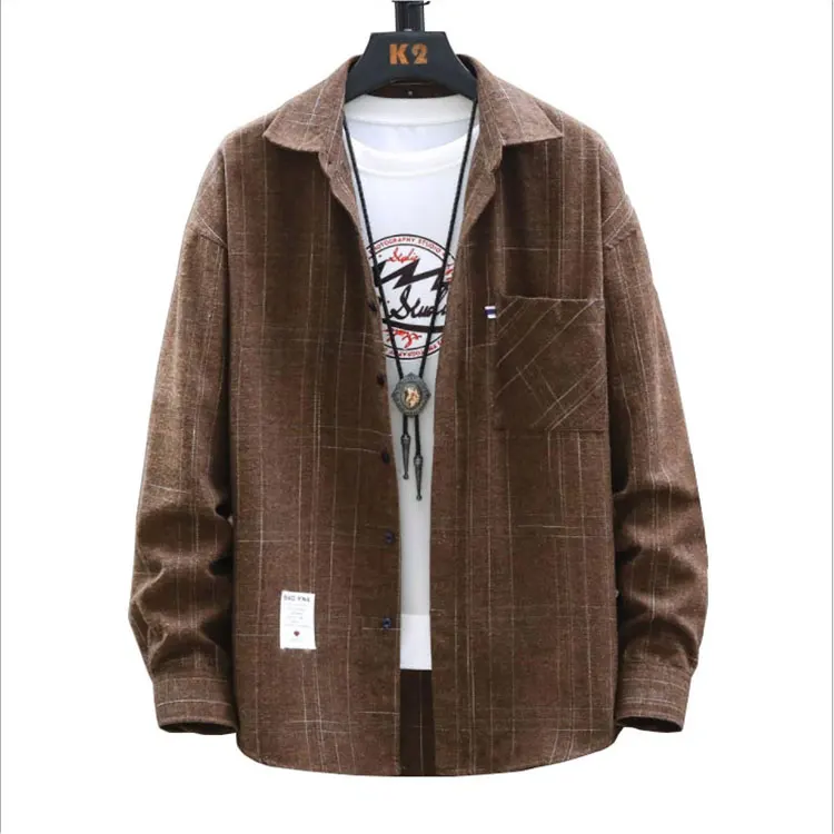 Зимняя Мужская Фланелевая рубашка в клетку с начесом, приталенная рубашка с длинным рукавом, мужская рубашка с лацканами