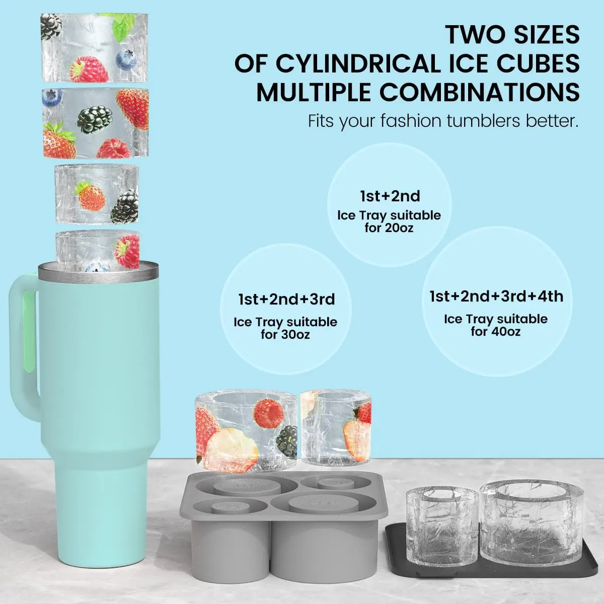 4 Pcs Silicone Hollow Cylinder Ice Cube Tray for Tumbler Cup 30oz 40oz Water Tumbler Bottle