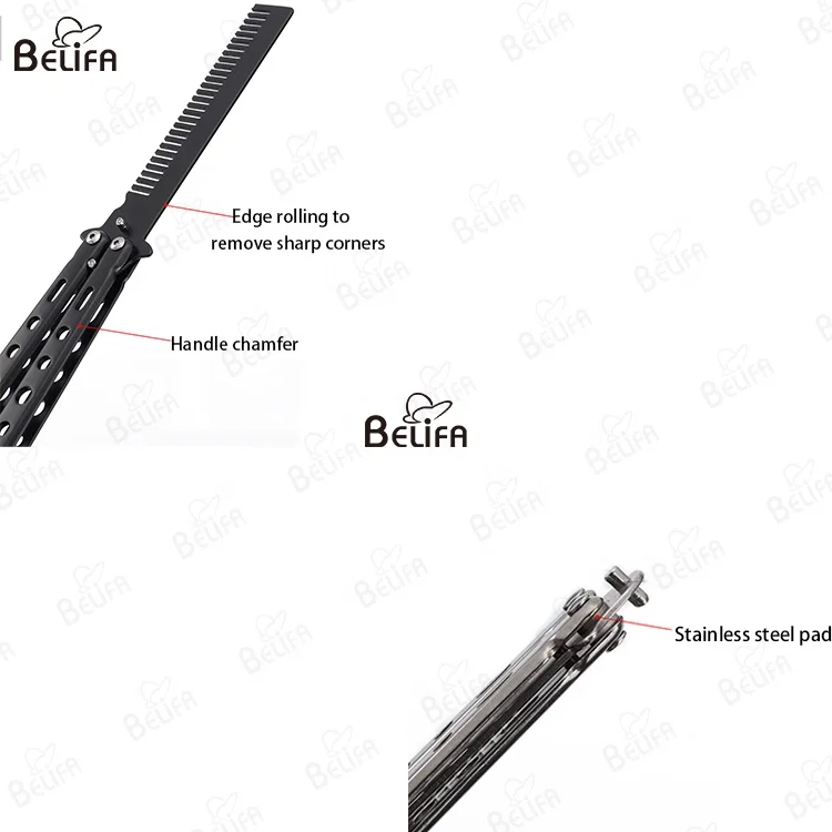 Custom Private Brand Hair Styling Tools Stainless Steel Training Practice Pocket Beard Comb Folding Butterfly Knife Comb