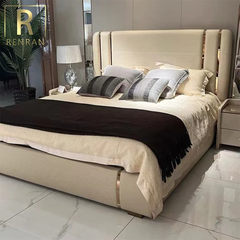 Popular modern design bedroom furniture soft beds light luxury home furniture white leather bed from foshan