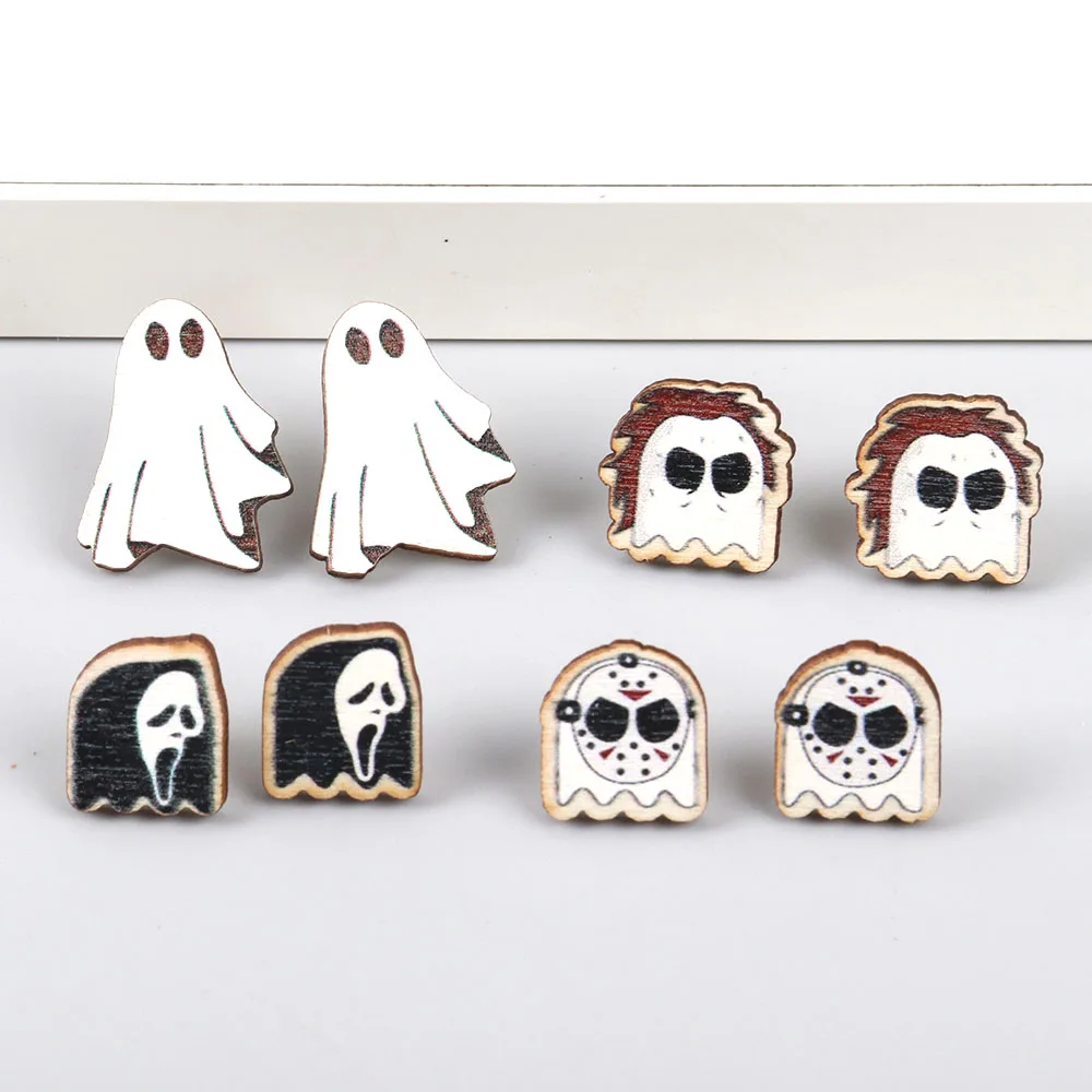 Wholesale 2024 New Cute Ghost Skeletons Party Jewelry Printed Simple Spooky Wooden Stud Earrings for Women Girls Halloween