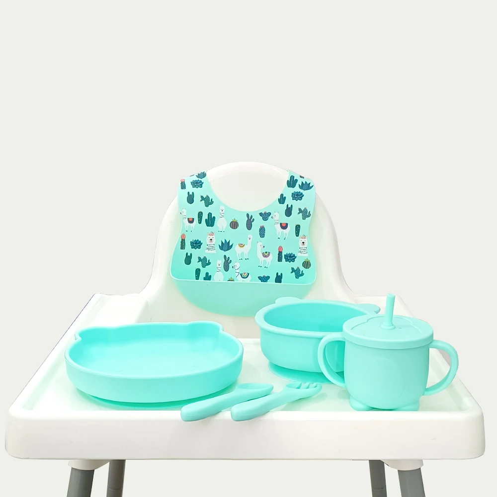 Infant Dining Set Toddler Tableware Weaning Kit Food Grade Baby Bowl Printed Bibs Suction Plate Spoon And Fork