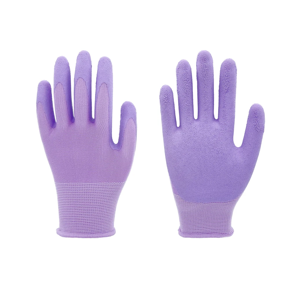 Breathable Ultra-thin Flexible 13G purple polyester liner, purple foam latex palm coated gloves Glove For Work And Handling