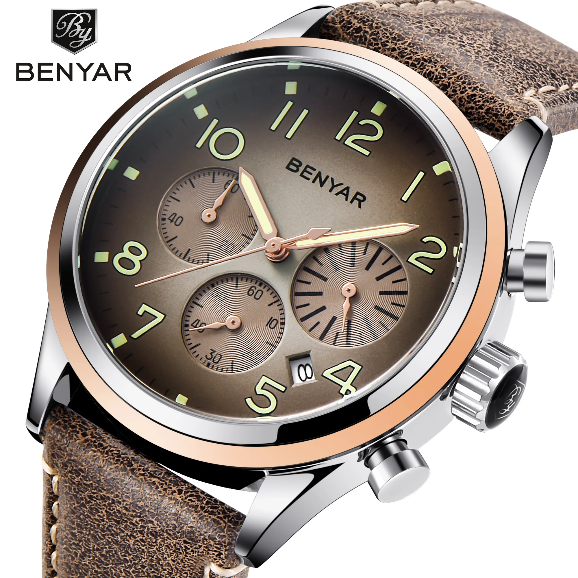 
 Наручные часы benyar 5138 с цепочкой из нержавеющей стали под заказ, мужские часы с большими арабскими цифрами, дешевые деловые часы с хронографом  