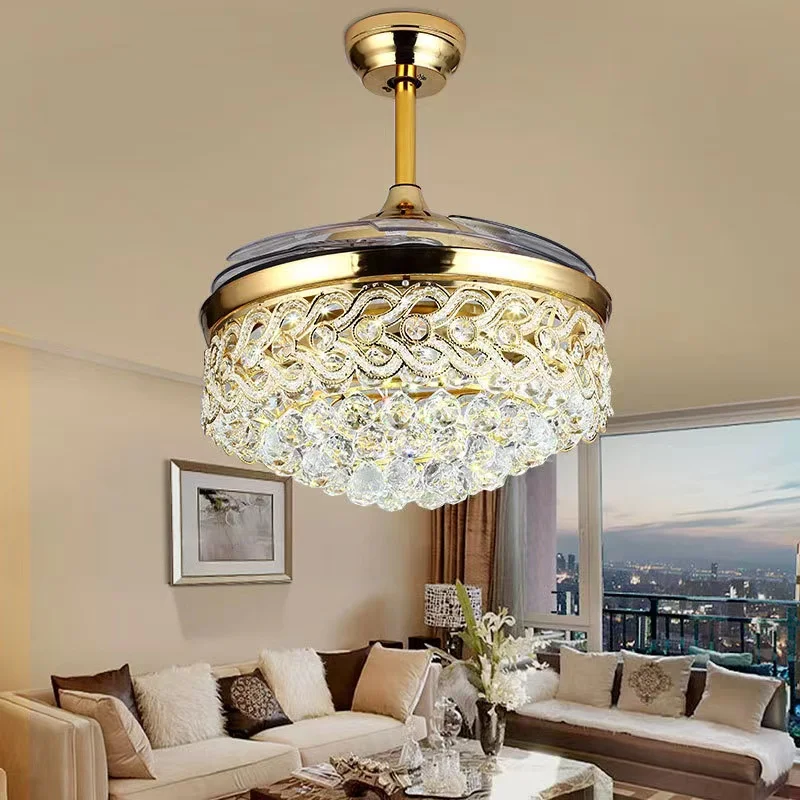 Dropship Guzhen Gold Color Luxury K9 Crystal Remote Control Invisible Ceiling Fan Lights Ceiling Fan With Light Fan Chandelier