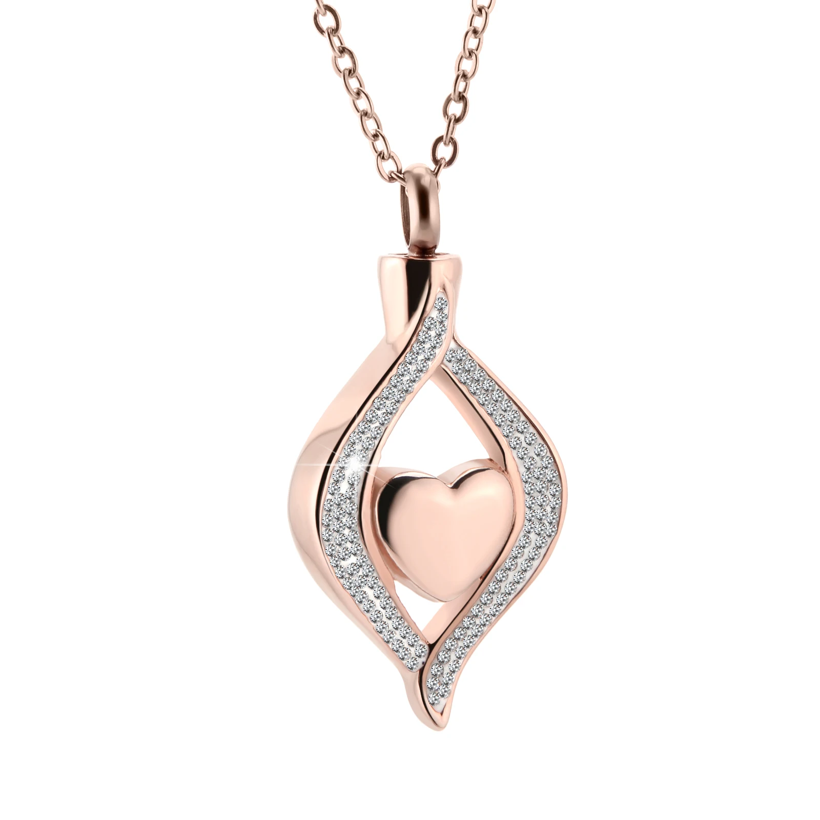 Crystal Pave Heart Stainless Steel Cremation Urn Locket Necklace Pendant