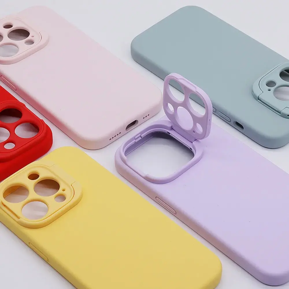 WOWCASE 2023 Invisible Bracket Kickstand Liquid Silicone Case For iPhone 15 14 13 Pro Max PC Camera Lens Protection Case