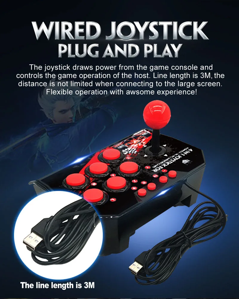 4 in 1 USB Fighting Stick Arcade Joystick PC for Switch, PS3, Android