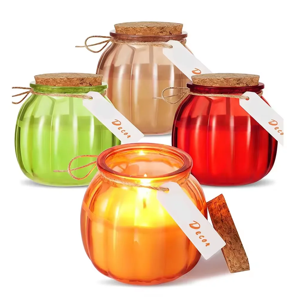 Wholesale 200ml High Quality Pumpkin Shaped Colorful Glass Candle Holder with Cork Lid for Decoration