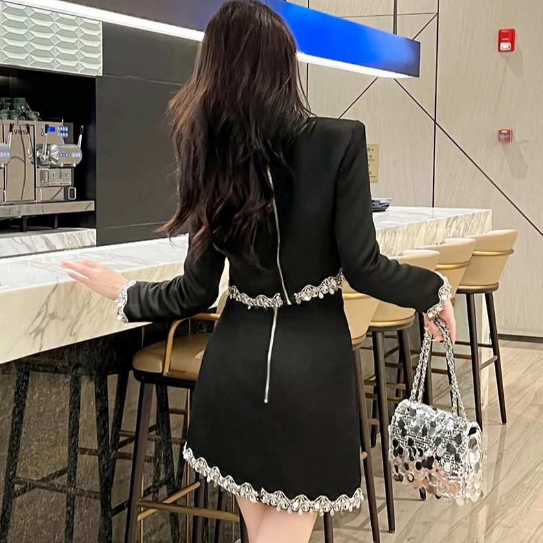 ZYHT New Casual 2 Piece Set Elegant For Women Crop Top Skirts Set Shiny Beading Black Solid Blouse and A-line Skirt Suit