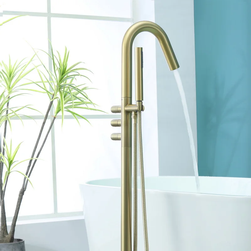59% solid Brass Floor Mount Stand Freestanding Brushed Gold Rotating Bathtub Tub shower filter Faucet with hand shower sprayer