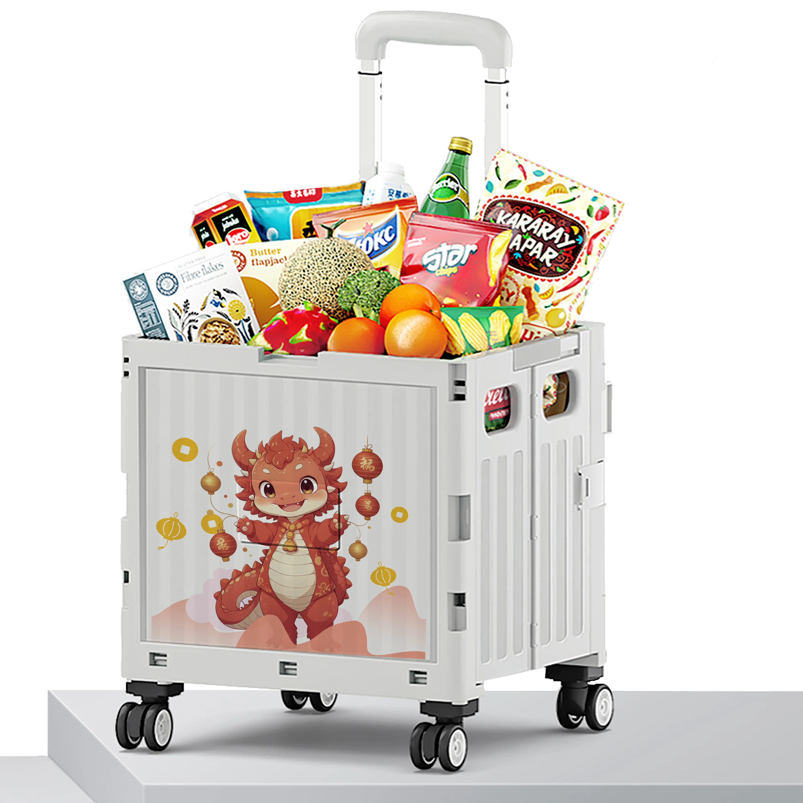New 12 Chinese Zodiac OEM Folding Foldable Carts Market Car Space Saving 4 Wheels Trolley PP Shopping Cart Plastic White Gray