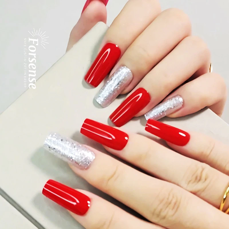 high quality designer red square fake nails extra long luxury press on nails glitter custom logo artifical false nails wholesale