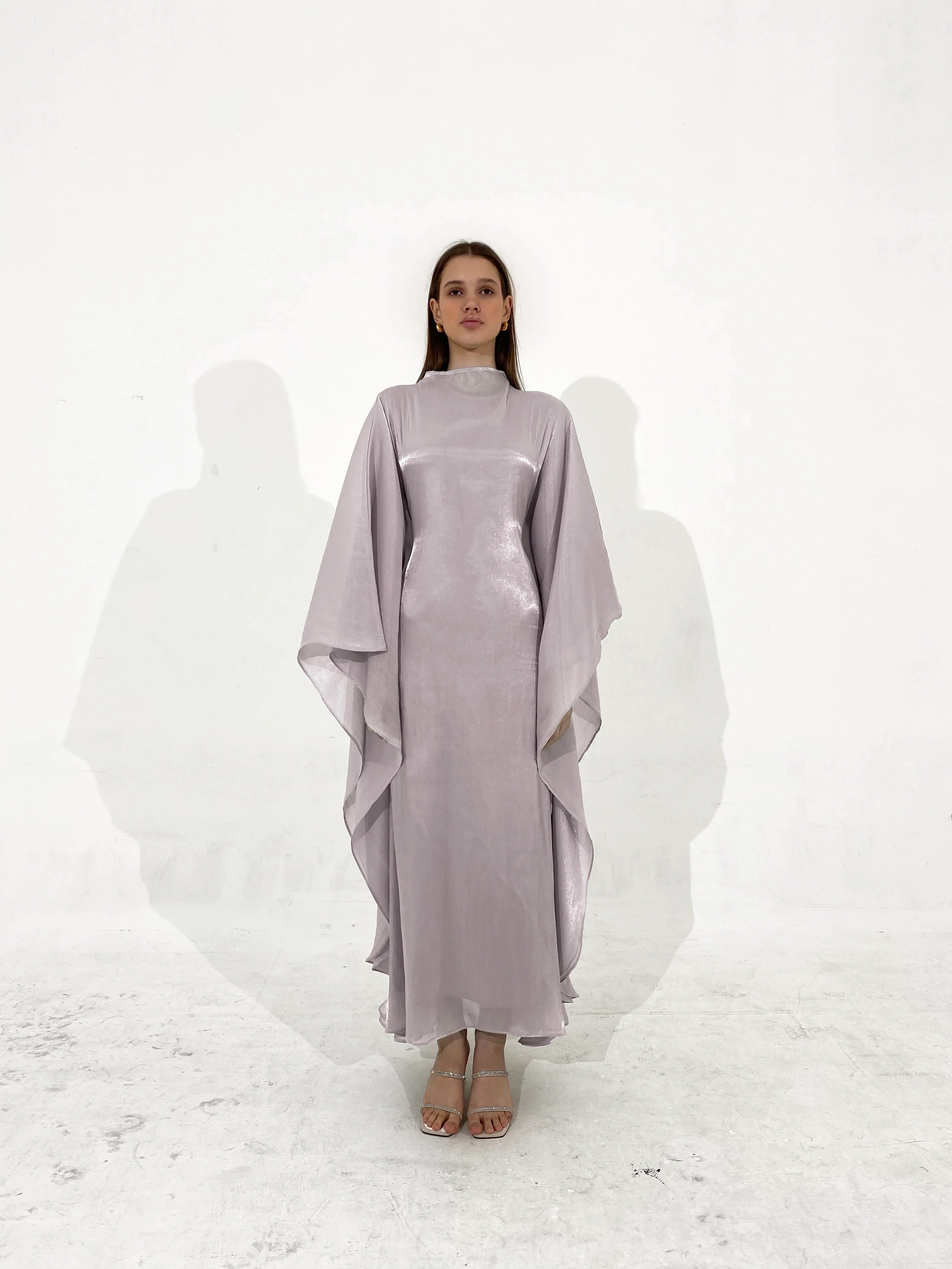 Sheen Kaftan Dress In Lilac With Stain Under Layer,  Chiffon Organza ,  Long Sleeves,  Oversized Loose Cut