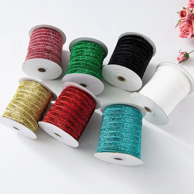 5/8' (16mm) Single Face Stretch Color Glitter Velvet Ribbon Elastic Fabric Nylon Material with Solid Pattern for Hair Band Gift