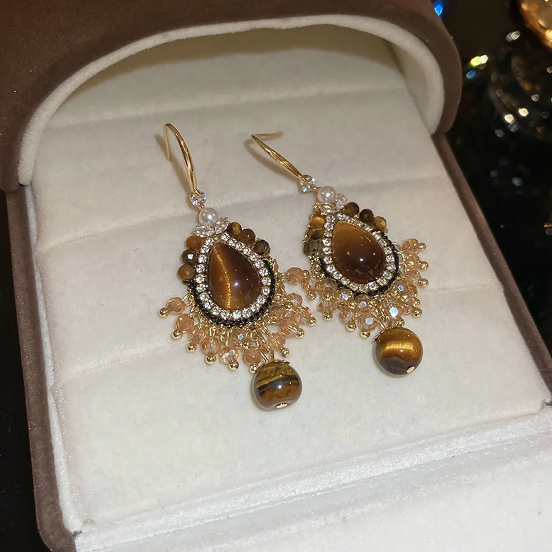 Tiger Eye Stone Style Tassel Earrings Vintage Design Earrings French Personalized Palace Style Earrings for Women