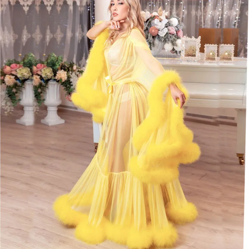 Yellow Feather Dressing Gown Marabou Feather Robe Sexy Sheer Long Lingerie Boudoir Bridal Robe Maternity photo shoot robe