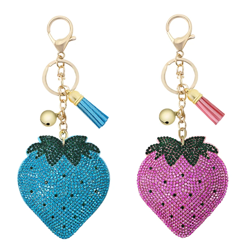 New Korean Velvet Rhinestone Strawberry Fruit Series Keychain Pendant Bell Tassel Accessories Car Key Bag Charm