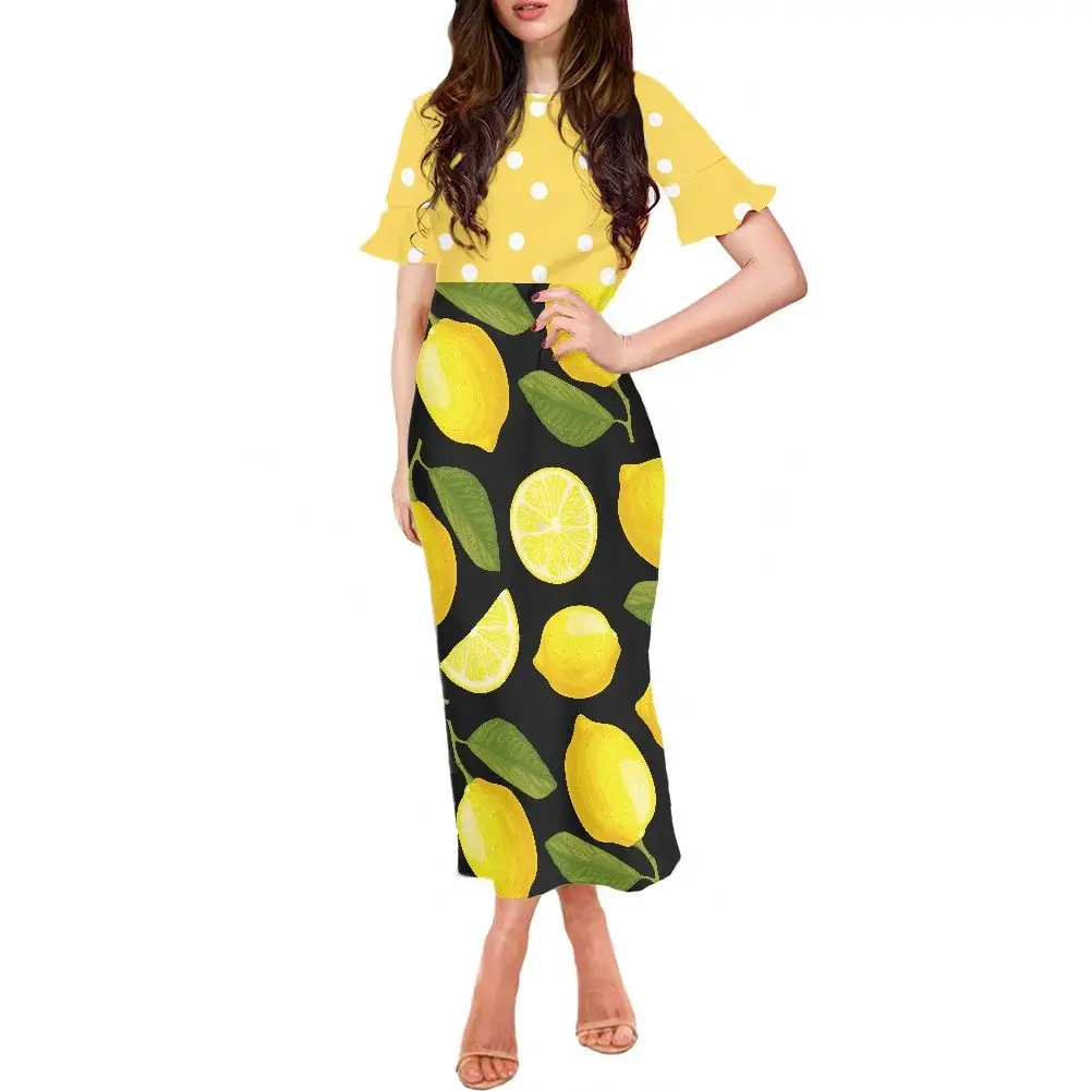 Sweet Yellow Lemon Dress Women Fashion Summer Lotus Leaf Short Sleeved Round Neck Long Dress Elegant Party Dress Casual Style