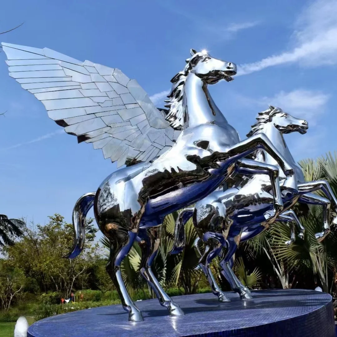 Custom handmade polished metal art statue animal horse with angel wing decor outdoor sculpture