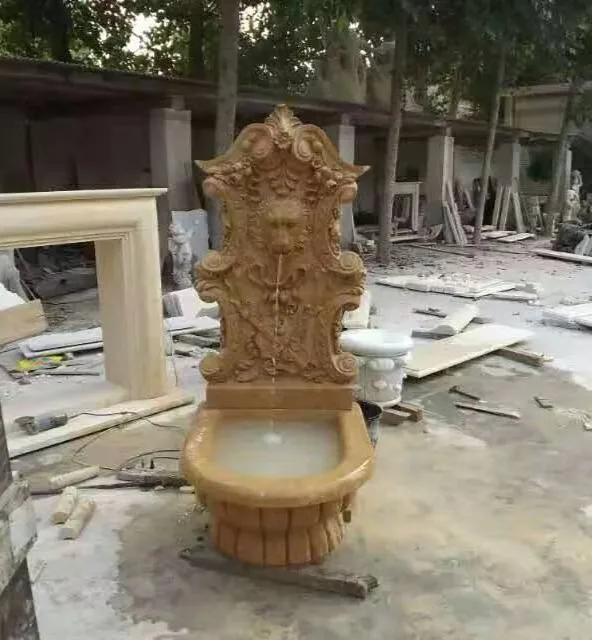 Indoor Antique Beige Marble Water Fall Outdoor Lion Head Stone Wall Fountain