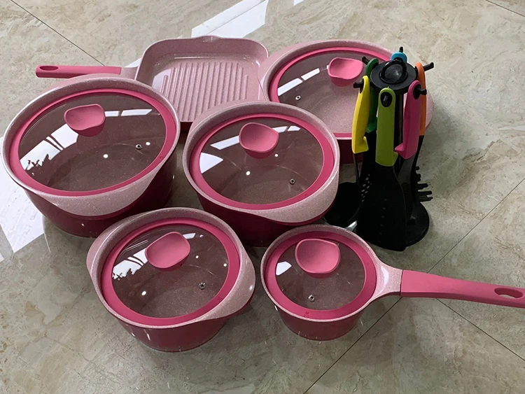 NEW 2021 Food grade dessini 18pcs die-casting aluminium nonstick kitchenware granit marble cookware cook pot 18 set