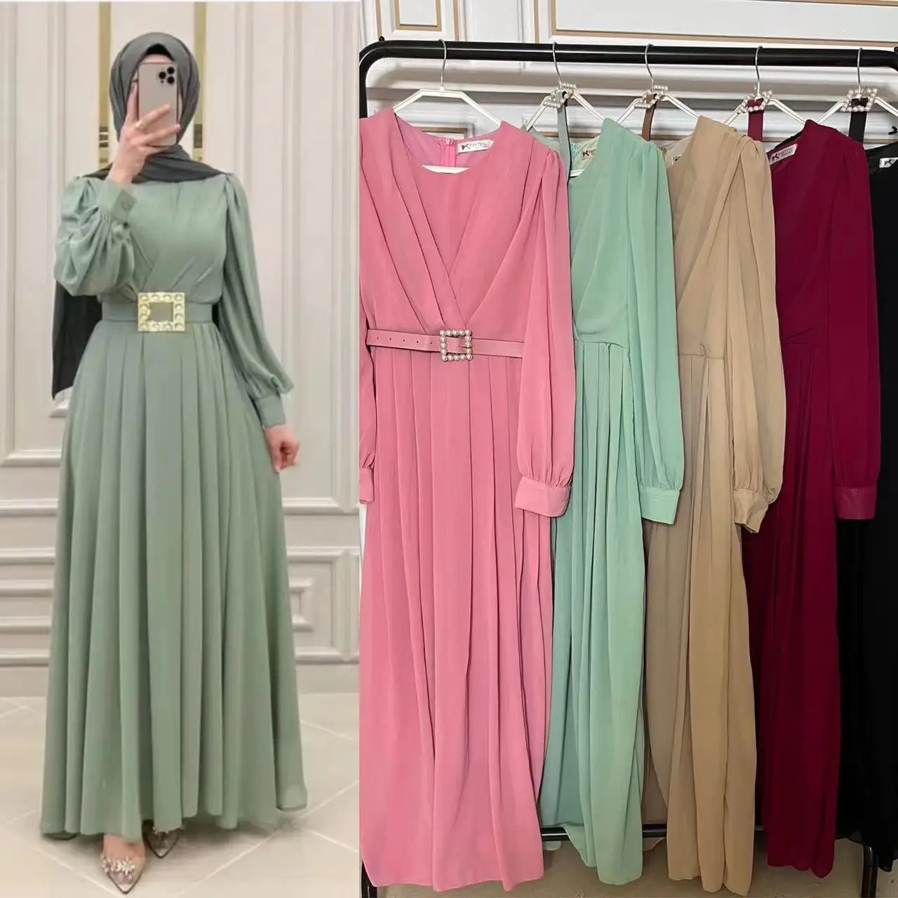 Solid Color Chiffon Dress With Long Sleeves And Round Collar With Belt Abya Dubai Woman Muslim Dress Clothing