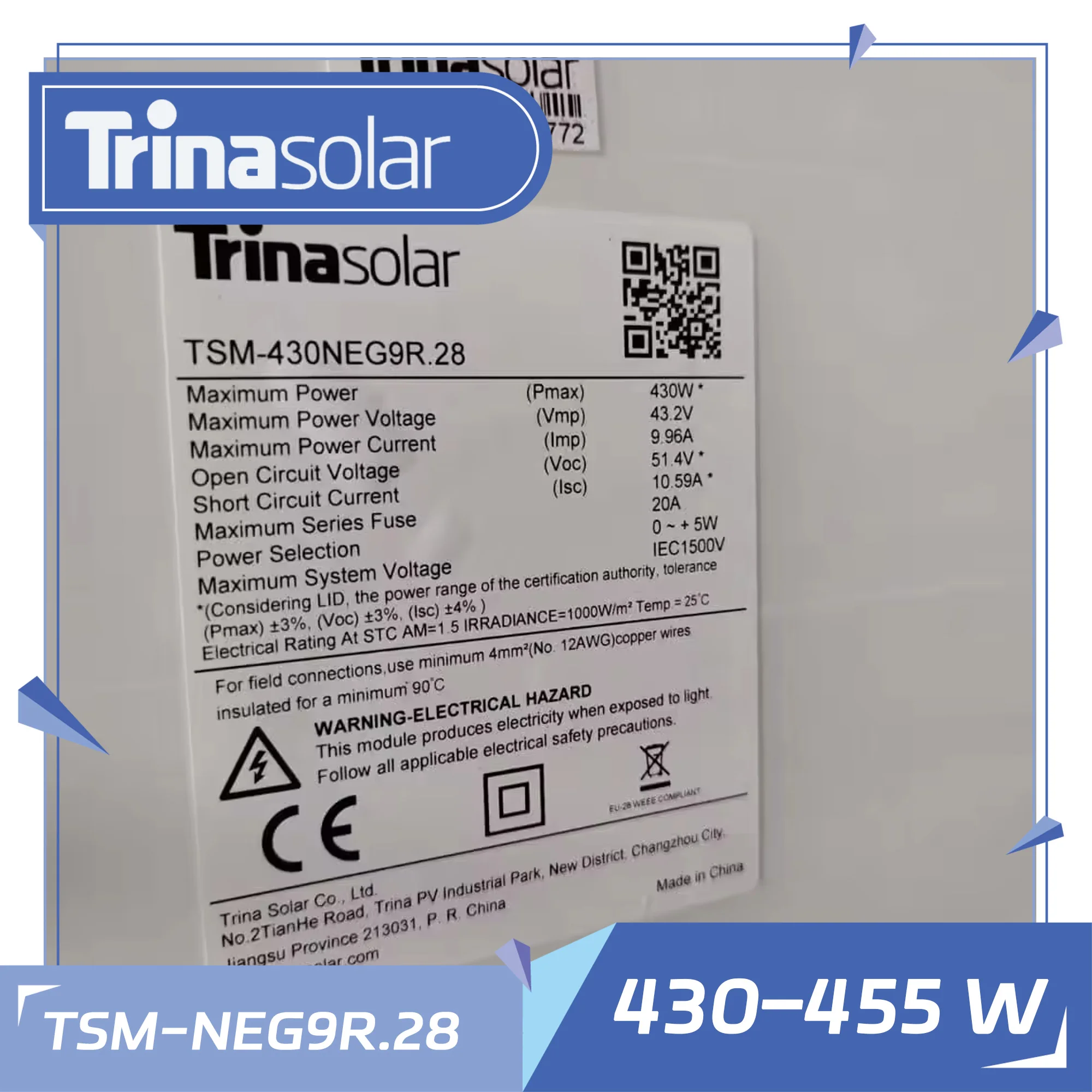 Trina VertexS+ 435W solar panel TSM-NEG9R.28 DUAL GLASS N type i-TOPCon  MODULE with Can be packed and inspected at the factory