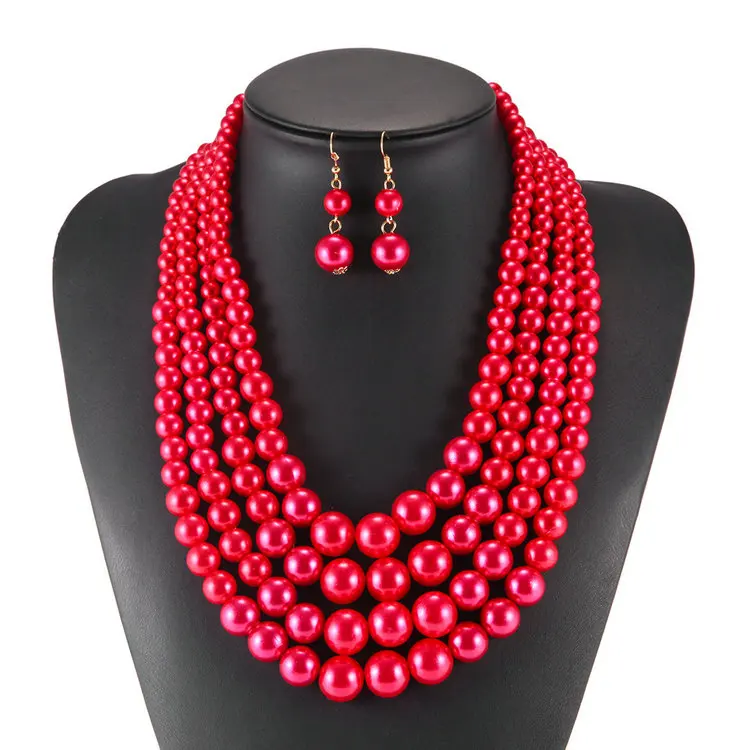 Wholesale 6 Colors 4 Layered Resin Pearl Beads African Nigeria Indian Bridal Necklace Earring Set For Wedding
