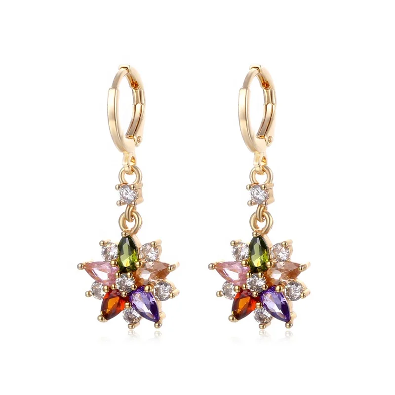Fashion Copper 18K Gold Plated Mixed Color Geometric Crystal Snowflakes Earring Zircon Long Hanging Earrings For Girls