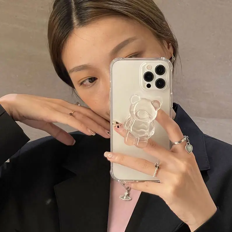 Wholesale Cute 3D Crystal Bear Stand Holder Clear Soft Case For IPhone 13 12 7 8 Plus 11 Pro XR X XS Max Protective Cover