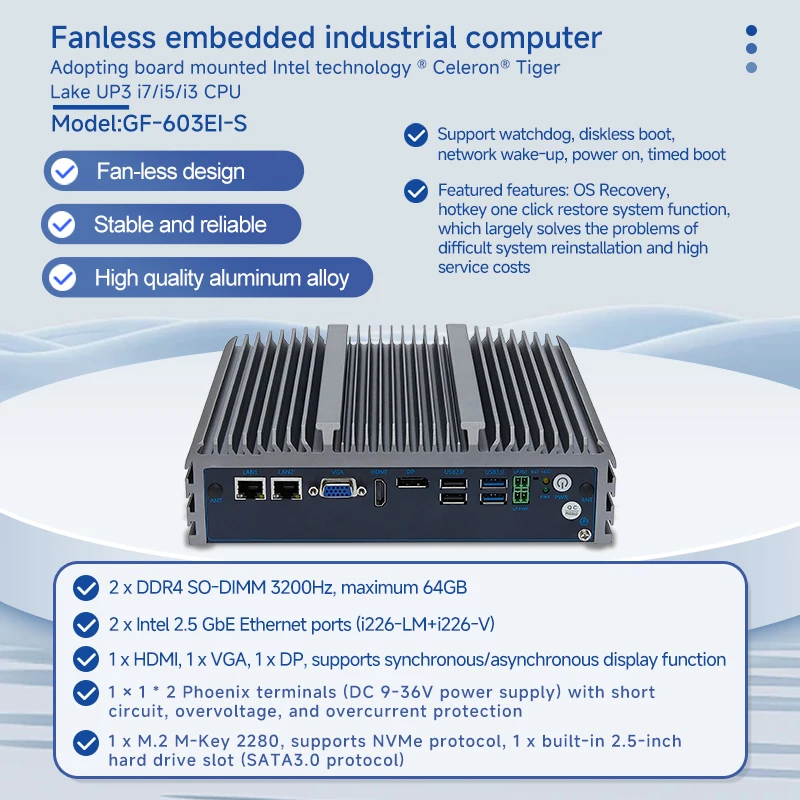 Промышленный мини-ПК XT без вентилятора с Celeron Tiger Lake UP3 i7/i5/i3 Gigabit DC_IN 2 5 HDD Bay DDR4 64G MAX
