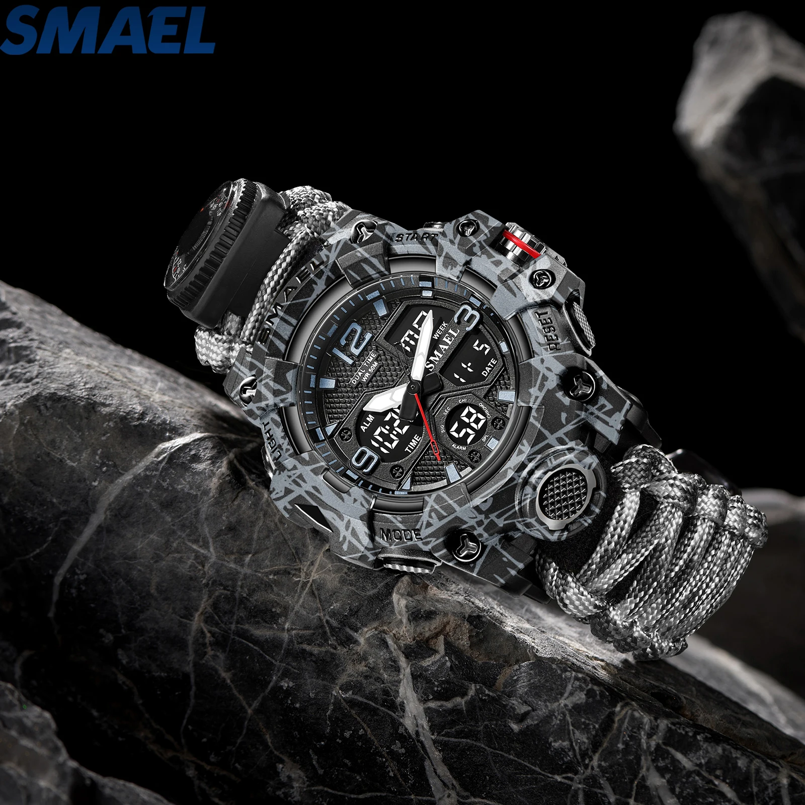 SMAEL Outdoor Survival Nylon Watch Emergency Timing Whistle Compass Thermometer Ignition Alarm Clock Stop Survival Sports Watch