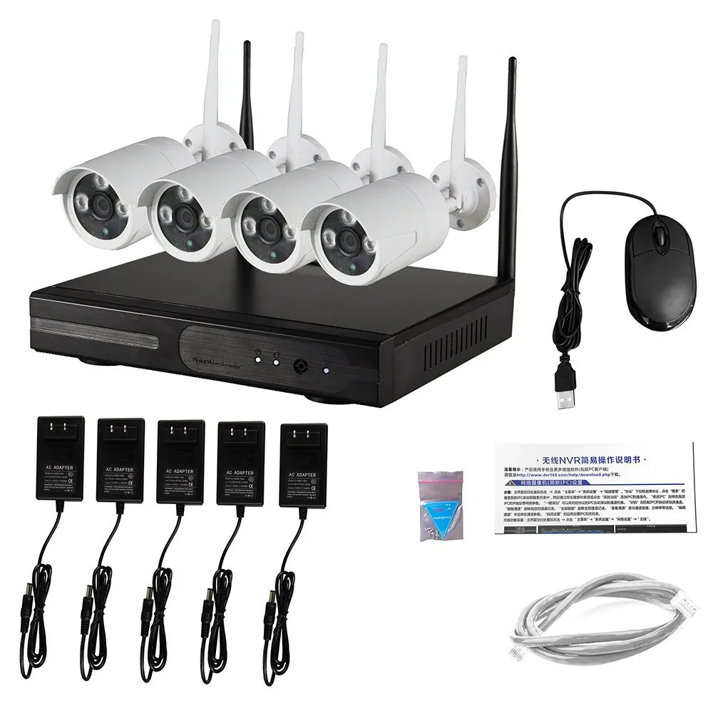  4-канальная система видеонаблюдения беспроводная 720P NVR 4 шт. 1.0MP ИК наружная P2P Wifi IP CCTV безопасности