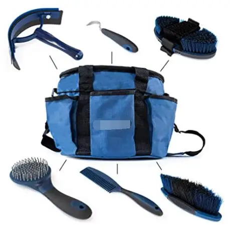 7 pieces of horse grooming kit storage bag, viscous room supplies kit with various hair and curry brushes, hooks, sweat-absorben