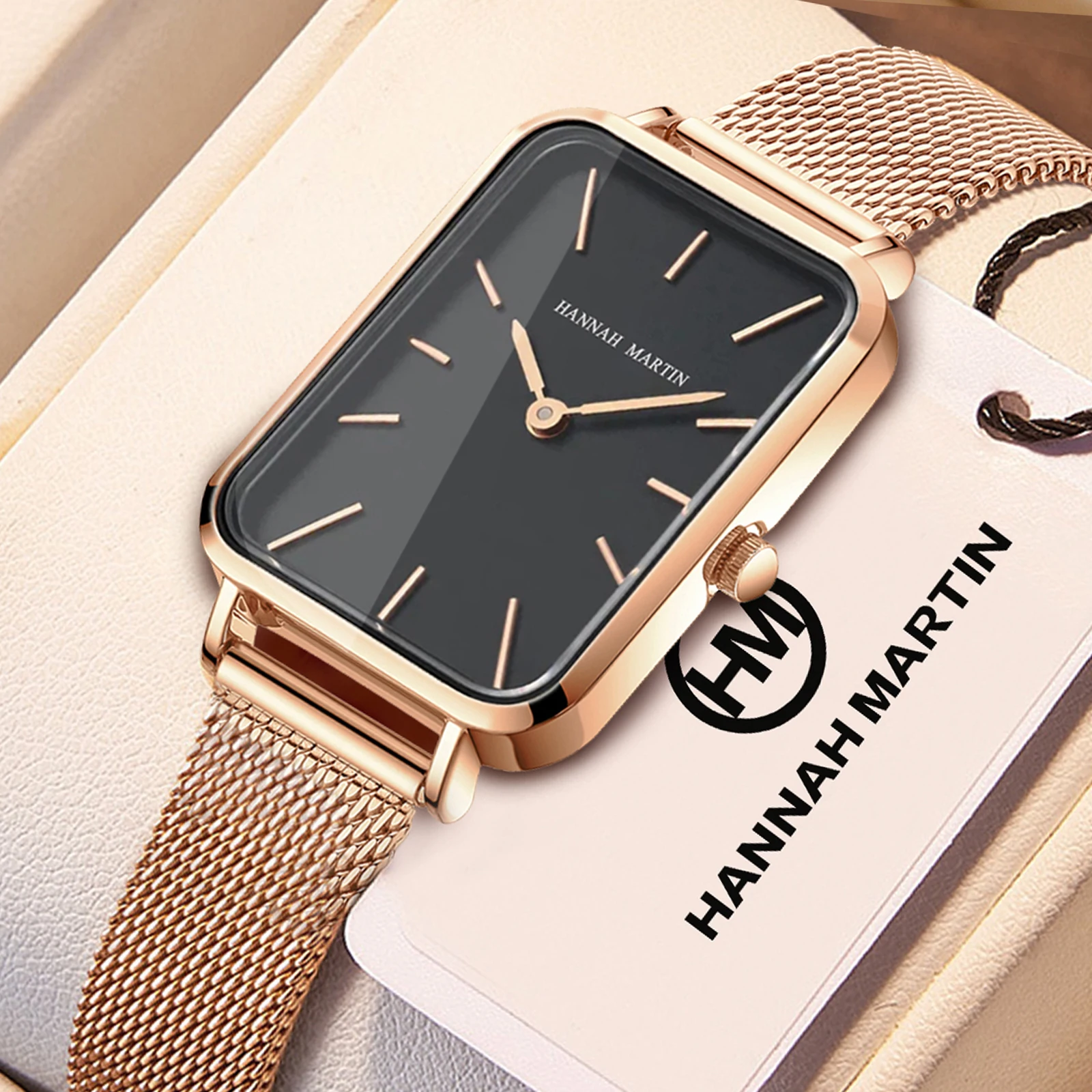 Hannah Martin Factory Private Label Custom Luxury Women Stainless Steel Analog Wristwatch Wholesale Rectangle Case Quartz Watch