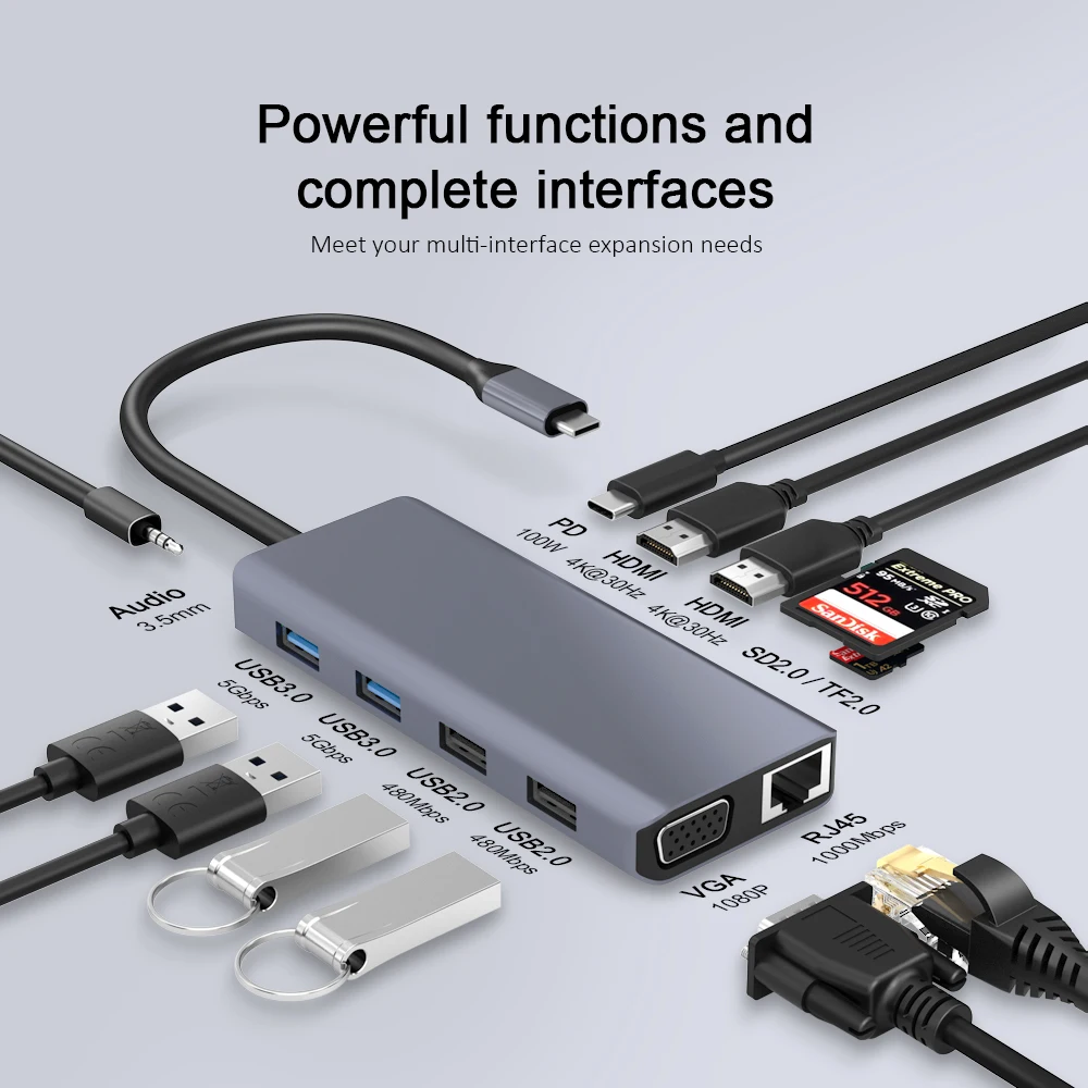 March Expo USB C 12 in 1 docking station Type-C USB HUB Docking Station with VGA HD-MI RJ45 PD100W docking station with laptop