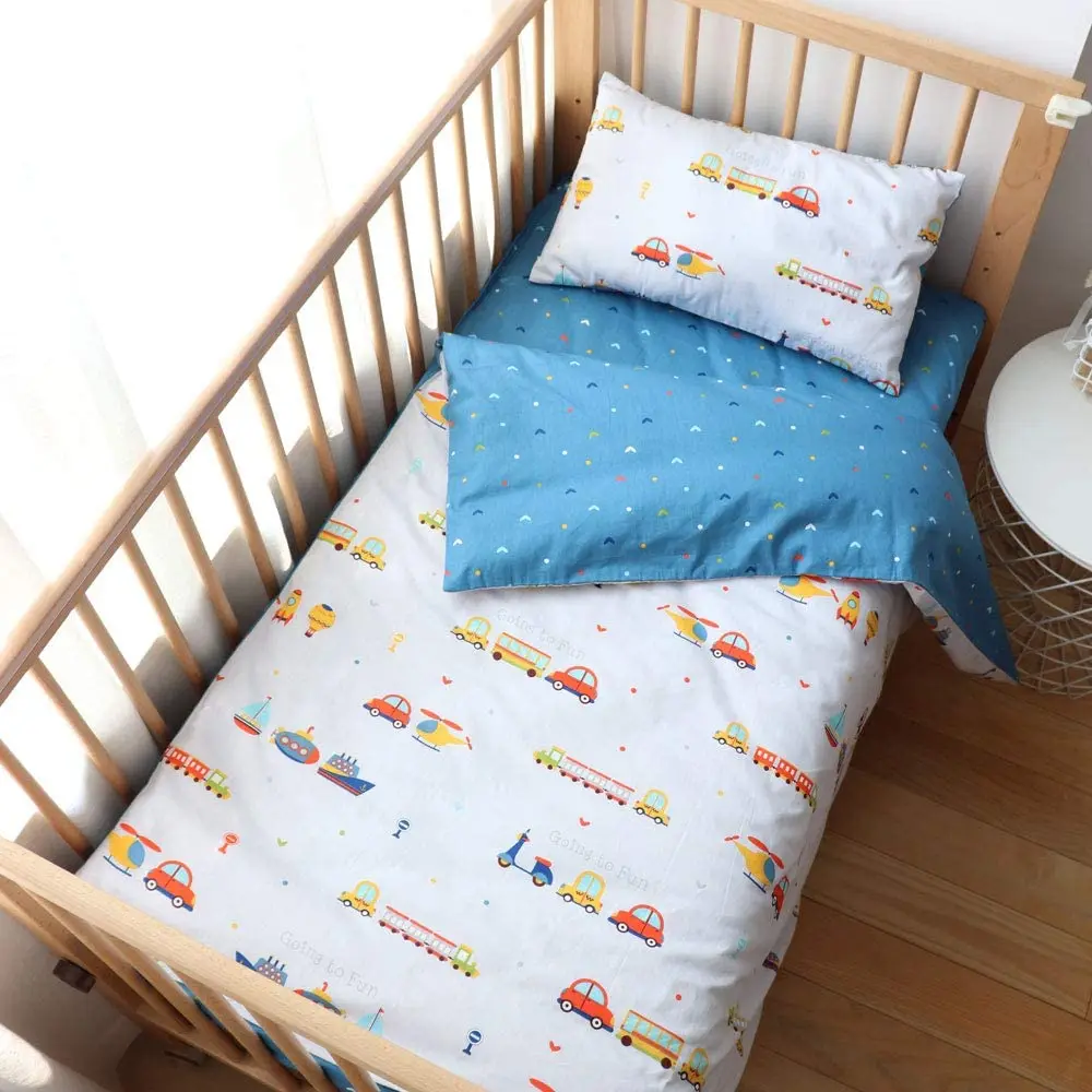 Factory Customize 3 Pcs 100% Woven Cotton Kids Baby Crib Bedding Set for Infant Boys Girls