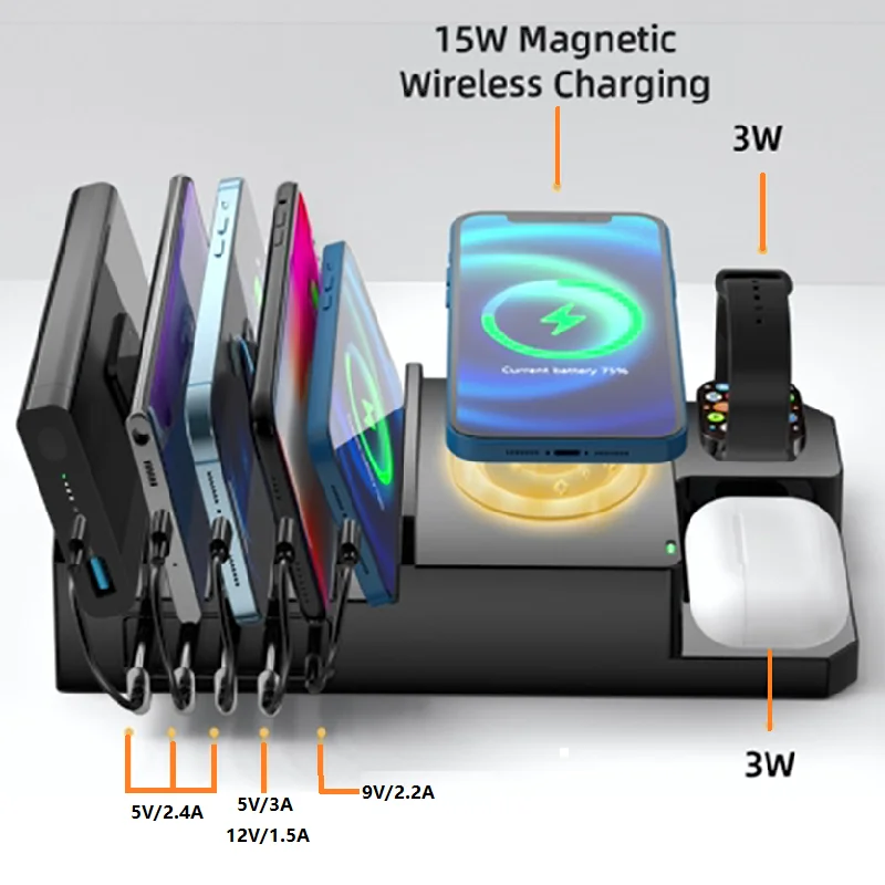 8 IN 1 Wireless Charger for phone watch earphone and USB Charging Station PD20W QC18W 15W