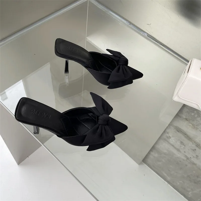 Fashion Heels Sexy Pointed Toe Party Dress Pump Slip-On Size 35-43 2024 Butterfly-Knot Decoration Women High Heel Slippers