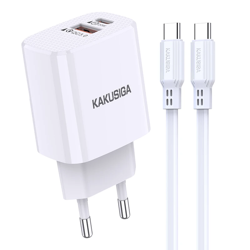 KAKUSIGA Universal 3A F fast charging PD20W+QC18W Dual-port Smart Charger Set European Plug Charger and Fast cable