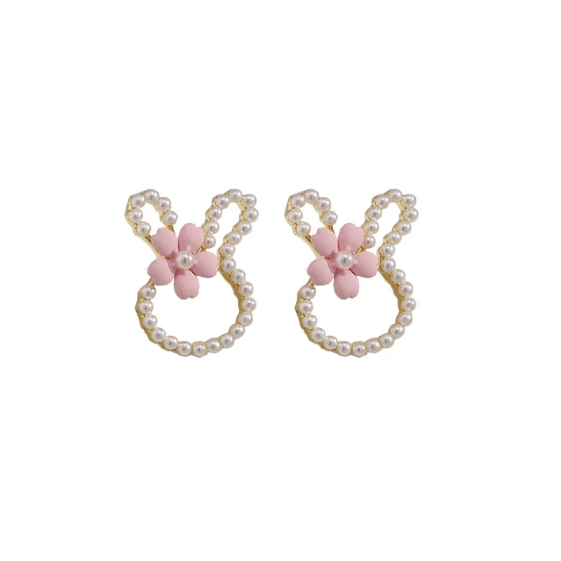 Wholesale S925 Silver Needle Sweet Little Rabbit Earrings Female Pearl Flower Rabbit Ears Cartoon Cute Earrings
