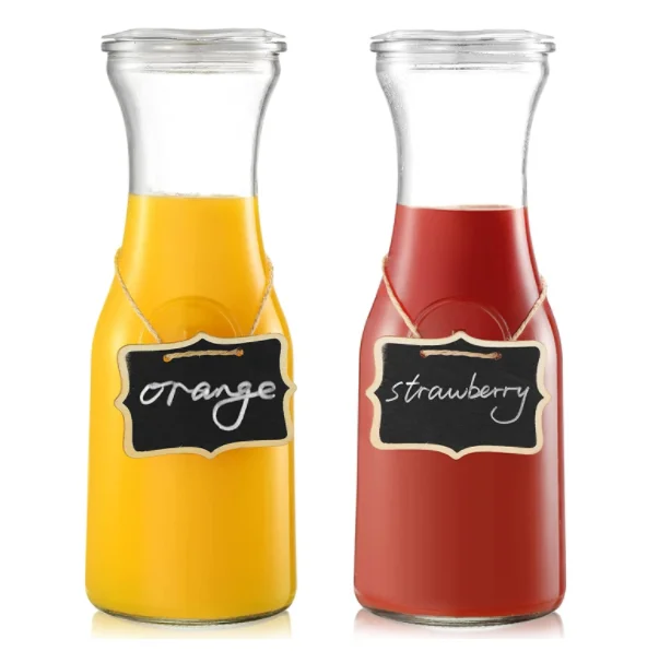 Glass Carafe Pitchers, Beverage Dispensers, Clear Jugs For Mimosas Water Milk and Juice, with Plastic Lids