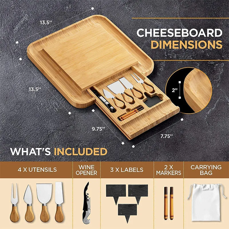 Nature eco friendly Bamboo cheese board with Sliding tray wooden cheese board and knife sets with cheese  for kitchen use