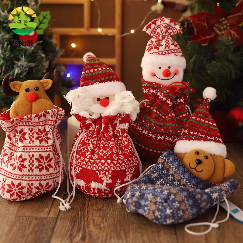 Cartoon Apple Bag Candy  Doll Head Pattern Drawstring Bag Christmas Eve Kindergarten  Knitted Bag