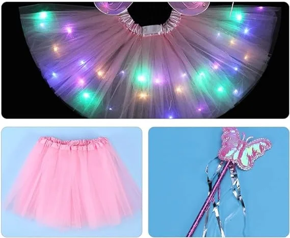 Light Up Tutu Skirt Set Fairy Angel Wings Headband Wand Lighted Angel Dress Costume Butterfly Angel Cosplay Party Supplies